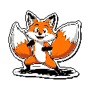This pixel art features a cheerful, stylized fox character in a dynamic, martial arts-like pose, outlined in white against a stark black background. With its bright orange and white fur and wide smile, the fox exudes playful confidence and charm.