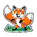 A cheerful, cartoonish fox stands playfully in this vibrant pixel art, its energetic pose and excited expression radiating cuteness. The orange and white fox is set against a simple grassy ground, creating a lively and engaging scene.