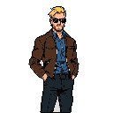 This pixel art portrait captures a cool and confident character, sunglasses and all, leaning back with a subtle smirk. His casual attire and poised demeanor hint at a mysterious or action-oriented persona.