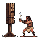 A pixel art warrior, adorned with tribal markings, intensely trains with a wooden dummy, poised to strike with a curved blade. The muted, earthy tones and focused stance evoke a sense of historical or fantasy combat preparation.