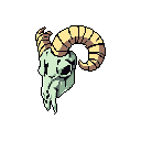 This pixel art piece depicts a detailed ram's skull with spiraling horns, rendered in muted, earthy tones against a stark black background. The artwork evokes a somber mood while showcasing the intricate details of the skull's form.