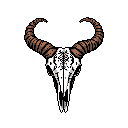 This pixel art features a striking, detailed skull of a horned animal, rendered in high-contrast grayscale and reddish-brown. The intricate pixel work captures the texture and decay of the skull, creating a stark and slightly unsettling image.