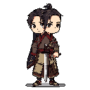 This pixel art features a whimsical, two-headed character dressed in fantasy-inspired garb, complete with a sword and earthy tones. The figure's innocent expression contrasts with the seriousness of its attire, creating a uniquely intriguing design.