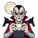 This pixel art depicts Count Dracula, complete with fangs and cape, intensely focused on playing a vintage handheld video game. The full moon hangs behind the gaming vampire, blending classic horror with a touch of playful, retro charm.