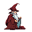 A pixel art wizard in red-brown robes casts a light blue spell, his flowing white beard adding to the classic fantasy feel. The figure stands out against a stark black background, evoking a sense of nostalgia and magic.