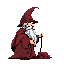 A pixelated, wizened wizard stands weary but wise, leaning on his staff with a long beard and pointed hat. The retro-style art evokes a nostalgic, slightly somber mood.