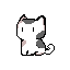 This pixel art features a charming, minimalist cat seated against a black void, its large eyes meeting the viewer's gaze. The simple design and muted color palette evoke a sense of simple cuteness.