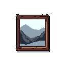 A framed pixel art landscape depicts serene, muted mountains and a valley, evoking a sense of quiet contemplation. The cool-toned palette and retro style create a melancholic yet captivating scene.