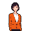 This pixel art portrait features a woman with short brown hair wearing an orange blazer, her neutral expression conveying a professional yet casual vibe. The simple design focuses on her upper body against a stark background.
