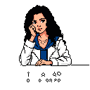 This pixel art portrait shows a woman in a lab coat, possibly listening intently on the phone with a neutral expression. The minimalist design and scattered pixels below hint at a narrative or game element.