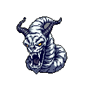 A menacing pixel art serpent roars, its sharp teeth and piercing yellow eyes conveying pure aggression against a stark black void. The creature's ridged, monochromatic scales and forward-thrust head create an ominous and threatening presence.