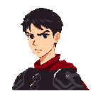 This pixel art portrait features a stern young man with dark hair and armored attire, his serious expression hinting at a readiness for action. A red scarf adds a striking splash of color against the dark tones.