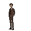 A pixelated man in a dark brown suit stands in profile against a stark black background. The muted color palette and simple design create a mysterious, isolated formality.