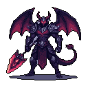 This pixel art depicts a powerful, demonic dragon warrior radiating menacing energy. With glowing eyes and weapon, and expansive wings, the armored figure stands ready for battle. The dark color palette is punctuated by fiery accents, emphasizing its formidable presence.