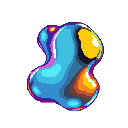 A vibrant, iridescent blob in shades of blue, orange and pink takes center stage, resembling a digital entity or bioluminescent organism. The pixel art creates a glossy, somewhat futuristic feel.