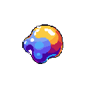A vibrant, amorphous blob composed of contrasting warm and cool colors floats serenely, its semi-liquid form suggesting a playful wobble. The surreal pixel art highlights the blob's unusual shape and bright palette against a stark background.