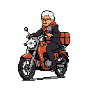 A distinguished, white-haired man in a suit and orange scarf rides a vibrant, reddish-orange motorcycle, suggesting a blend of formality and unconventional flair. He's possibly on a delivery or a journey, with a package strapped to the back of his bike.