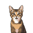 This pixel art portrait captures an attentive tabby cat, head held high, with wide eyes and a slightly open mouth, as if caught mid-meow. The warm, earthy tones and detailed markings bring charm and gentle curiosity to this simple yet intimate portrayal.