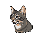 This pixel art portrait captures an expressive tabby cat mid-meow (or purr!), its attentive gaze and detailed fur pattern popping against a stark black background.