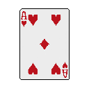 This pixel art image presents a minimalist Ace of Hearts playing card in red and off-white against a stark black background. The retro design focuses on clear, recognizable card symbols in a high-contrast, vintage style.