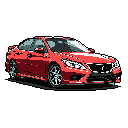 This pixel art showcases a sleek, red sports sedan, rendered with impressive detail and vibrant colors. The car's aggressive stance and intricate design are highlighted against a stark black background, emphasizing its sophisticated power.