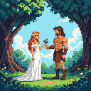 This pixel art portrays a romantic scene where a woman with a floral crown offers a plant to a muscular, armored man. The retro-style image evokes a peaceful and idyllic atmosphere.