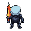 A squat, armored warrior with a glowing blue, spherical head stands ready, a flaming sword blazing in their hand. This mysterious figure exudes power and quirky charm against a stark background.