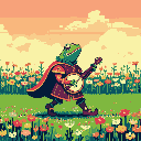 A charming pixel art image depicts an anthropomorphic frog in an elaborate costume, strolling through a vibrant flower field while joyfully playing a banjo.