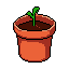 A tiny, vibrant green sprout emerges from rich soil within a terracotta pot, rendered in charming pixel art style. The image captures the simple beauty of new life and growth.