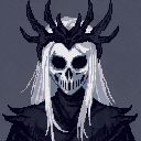 This pixel art bust features a foreboding figure with a detailed skeletal mask, radiating dark power. Adorned with a spiky crown and flowing white hair, this undead entity commands attention with its ominous presence.