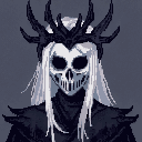 This pixel art features a haunting, skeletal-faced figure with flowing white hair, adorned with a dark, elaborate crown. The masked face and monochromatic palette create an ominous and regal presence, hinting at themes of death and spectral power.