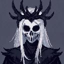 A haunting pixel art portrait features a skeletal figure with flowing white hair, crowned in jagged darkness. The monochromatic design and direct gaze evoke a sense of ominous power and dread.
