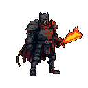 A heavily armored knight stands ready, his fiery sword blazing against the darkness. The pixel art warrior exudes power and a hint of menace, the vibrant sword a stark contrast to his dark armor.