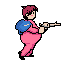This pixel art character, sporting a pink suit and blue backpack, is ready for action with a gun in hand. The reddish-brown haired figure is rendered in a simplified, retro style.
