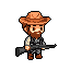 A pixel art character with a rugged, weary vibe stands ready against a black background, holding a rifle in front of him. The neutral-expressioned figure, rendered in earthy tones, evokes a sense of retro gaming nostalgia.