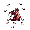 A pixelated red dragon stands guard over a flock of white sheep, its wings partially spread in a display of protection. The simple color palette and surreal arrangement create a fantastical scene.
