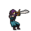 A hooded rogue, masked and wielding a short sword, is captured in a dynamic pose, ready for action. The pixel art highlights their stealthy nature with a limited, muted palette, emphasizing the tense atmosphere.