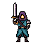 A cloaked and mysterious pixel art warrior with glowing orange eyes stands ready, sword raised, hinting at hidden power and heroic determination.