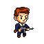 A retro pixel art character brandishes a submachine gun, his furrowed brow suggesting determination or agitation. The low-resolution style evokes a vintage action vibe, reminiscent of classic crime or gangster themes.