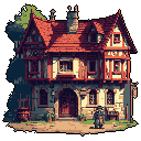 A lone figure stands before a detailed pixel art inn, its timber frame and tiled roof rendered in warm earth tones. The building's quaint architecture and the figure's presence evoke a sense of historical charm and quiet mystery.