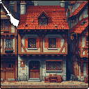 A quaint, multi-story European-style building with red-tiled roof and timber framing takes center stage in this charming pixel art scene. The building's detailed facade features diamond-paned windows, red shutters, and a welcoming red door.