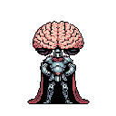 A pixel art knight with a massive, exposed brain stands confidently, blending intellectual power with traditional fantasy in a striking and slightly grotesque design. The figure's confident pose and contrasting colors create a memorable, imposing presence.