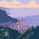 This pixel art portrays a charming coastal cityscape, its light pink, beige, and purple buildings catching the sun's gentle rays. Nestled between mountains and the sea, the city exudes a peaceful and picturesque atmosphere.