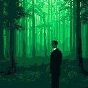 A solitary figure in a dark suit stands within a dense, pixelated forest, his presence evoking a sense of mystery and quiet contemplation amidst the vibrant greenery.
