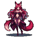 A striking pixel art image features a serene kitsune with magenta hair and tails, adorned in ornate, layered armor-like attire with metallic accents. Her elegant pose and jewel-toned color scheme evoke a sense of mystical power and ancient beauty.