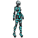 A pixel art figure in a dark, cybernetic suit with glowing blue lines stands ready, exuding a futuristic and slightly mysterious vibe. The high-contrast design and minimal details focus attention on the figure's technologically enhanced form.