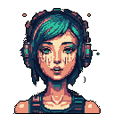 This pixel art portrait features a young woman with teal hair and over-ear headphones, her direct gaze and stylized markings creating a cool and slightly melancholic, yet modern vibe. The image, rendered in muted blues and peach tones, evokes a futuristic feel.