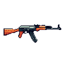 This pixel art showcases a detailed, side-profile view of an AK-47 assault rifle, rendered in a muted palette of orange-brown and black. The static depiction and classic pixel art style evoke a sense of utilitarian design and retro gaming.