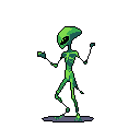 A vibrant, neon-green alien, rendered in retro pixel art, strikes a jaunty pose against a stark black void. This stylized, almost skeletal figure seems to be walking or dancing, exuding a playful yet mysterious vibe.