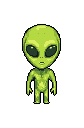 This pixel art features a green-skinned alien character with large, black eyes, rendered in a classic, retro style. The minimalist design and muted colors evoke a vintage sci-fi game aesthetic.